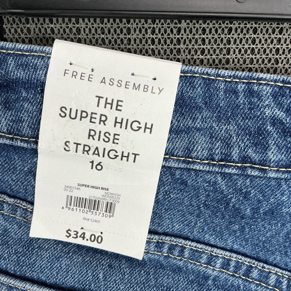 Free Assembly Womens Size 16 Blue Super High Rise Straight Jeans Distress Denim - Picture 3 of 12